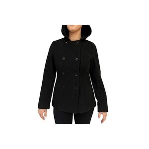 Black Hooded Pea Coat Jacket Wool Blend Double Breasted Outerwear
